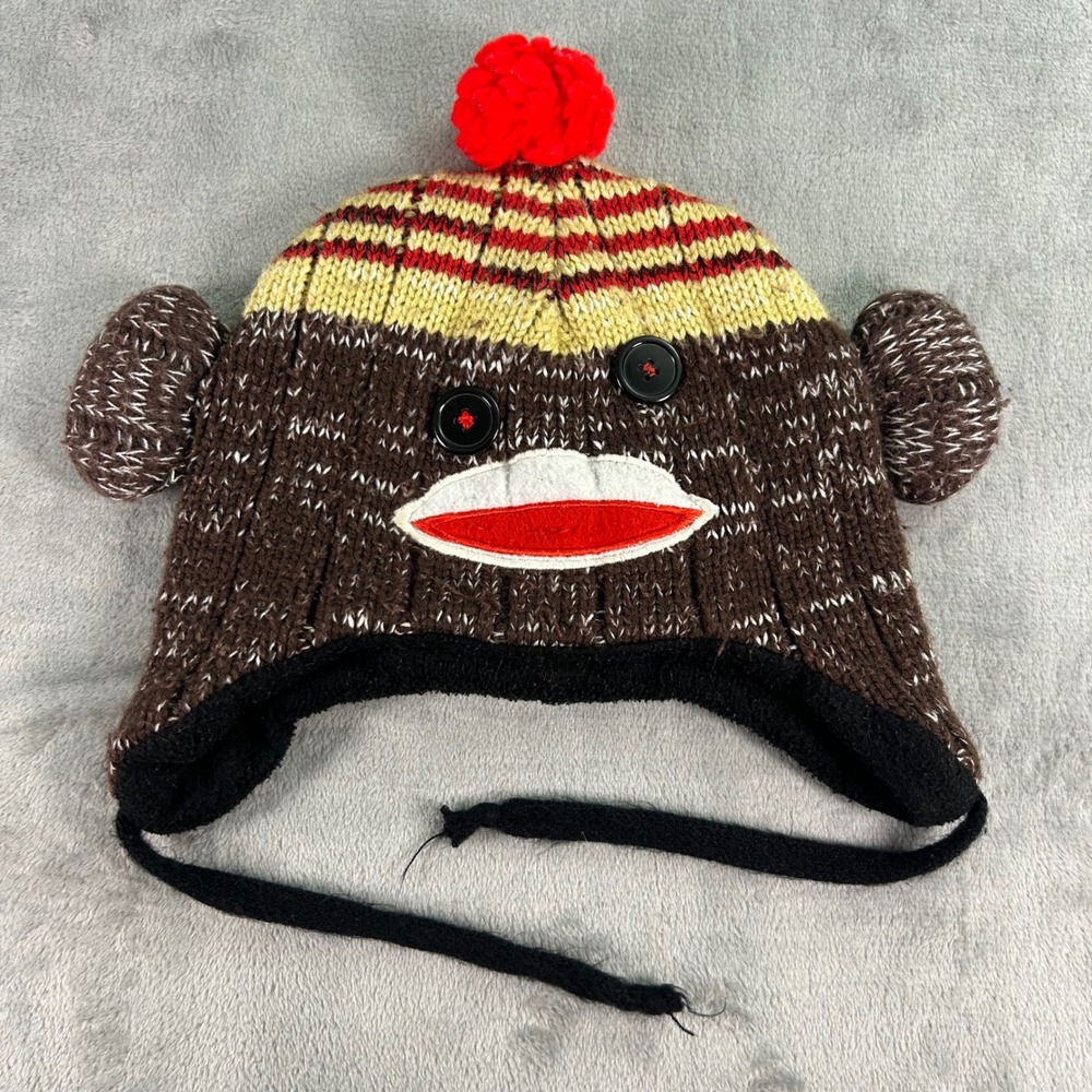 Sock Monkey Knit Trapper Hat Brown Marled Fleece Lined Beanie with Pom Pom Ears